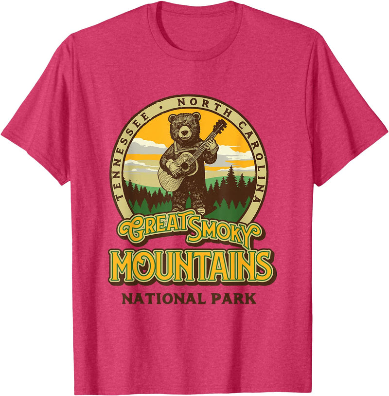 The Thrift Garage Great Smoky Mountains National Park Guitar Bear Cute Smokies T-Shirt - Red Heather