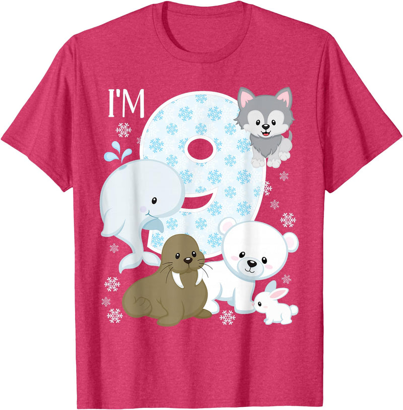 Arctic Animals Birthday Party Family Matching Bday Arctic Animals 9th Birthday Polar Bear Walrus Fox Sea Theme T-Shirt - Red Heather