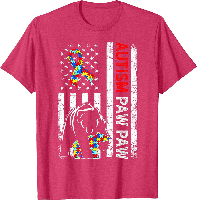 Distressed American Flag Autism Paw Paw Bear Awareness T-Shirt - Red Heather