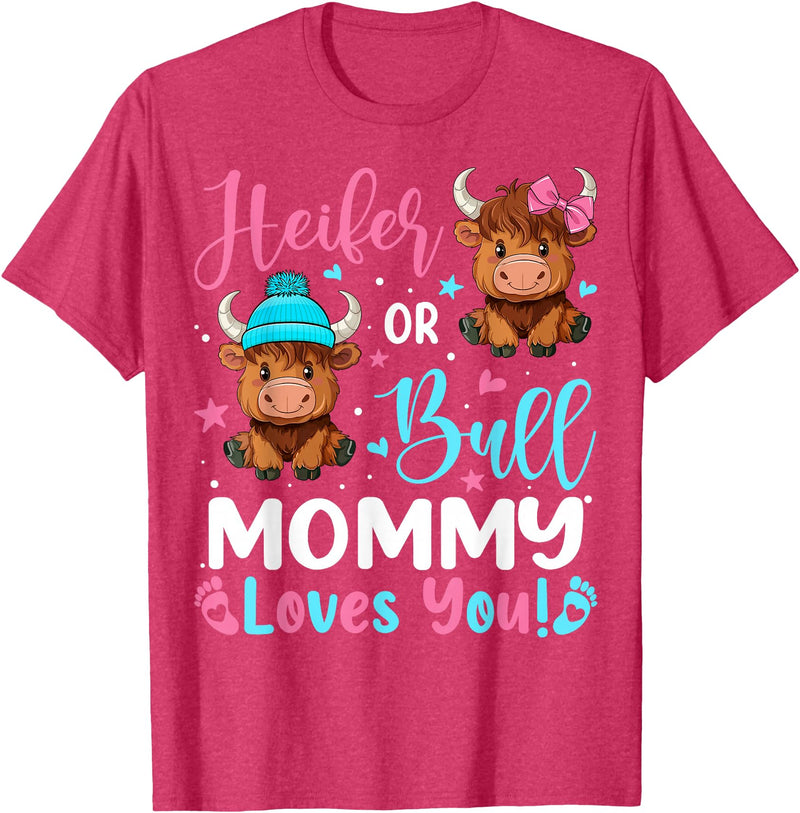 Reveal Party Highland Cow Bull or Heifer Mommy Loves You Highland Cow Lover T-Shirt - Red Heather