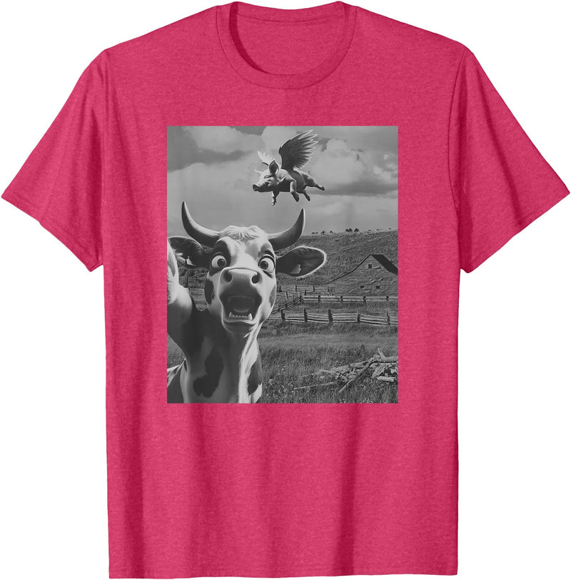 When Pigs Fly Pig Lover Designs Apparel Gifts Cow Selfie With Flying Pigs Fly Funny Gift for Men Women Kid T-Shirt - Red Heather
