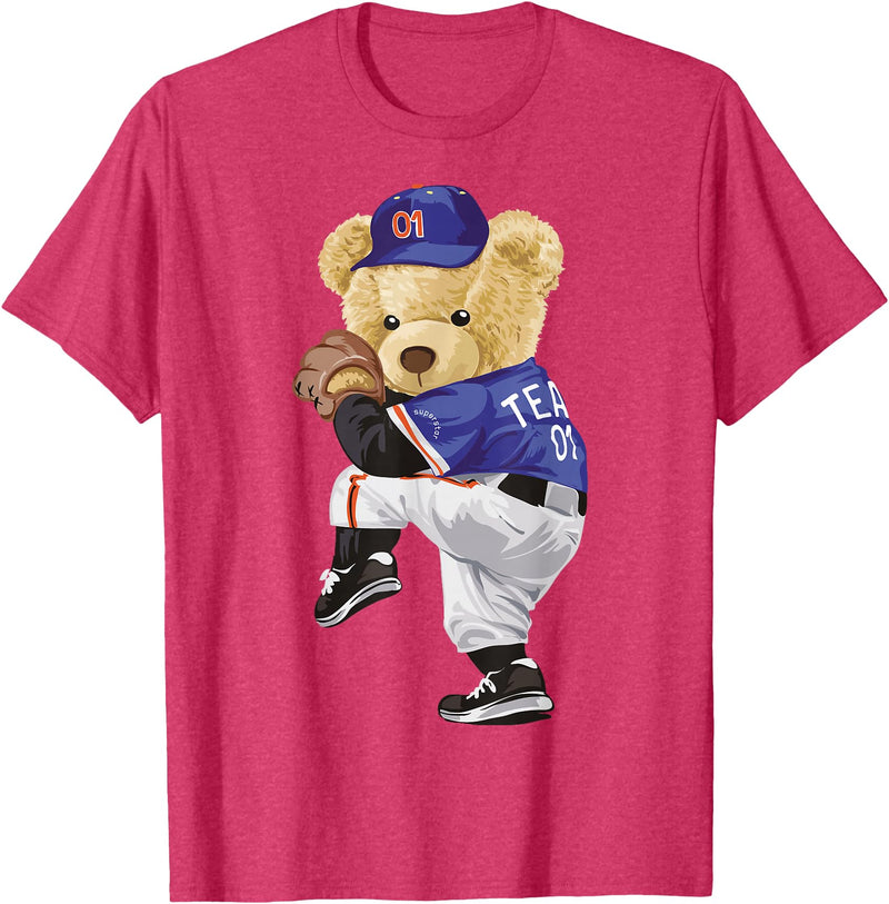 BERSLL Cute Teddy Bear Baseball Jug Sweatshirt T-Shirt - Red Heather