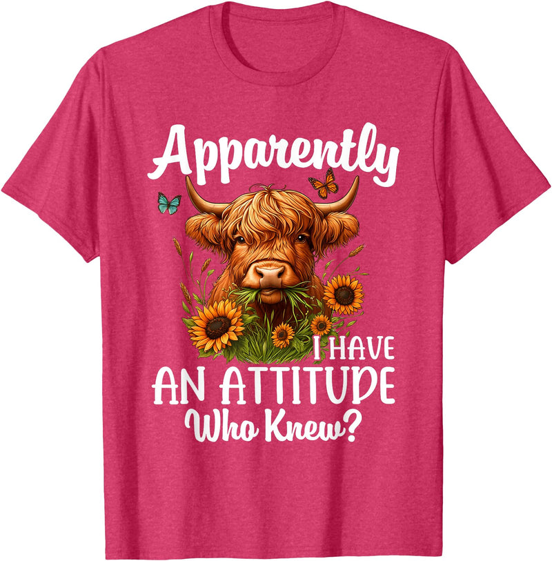 Sarcastic Humor Highland Cow Farm Cow Girls Women Apparently I Have An Attitude Who Knew Sarcasm Highland Cow T-Shirt - Red