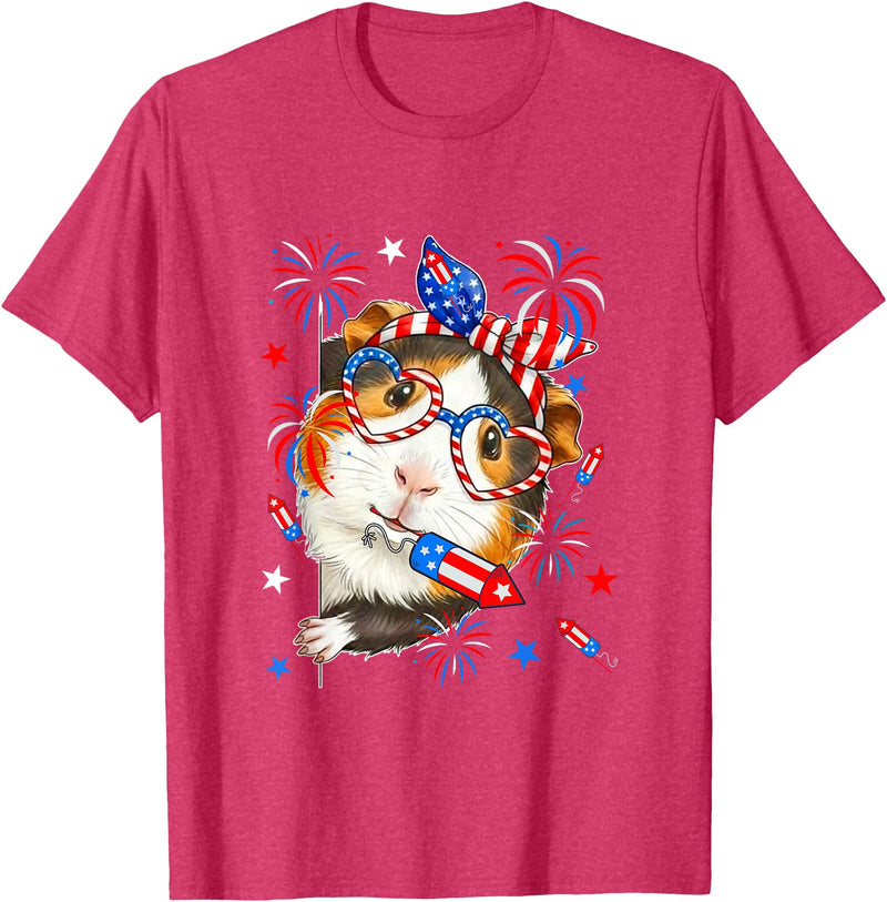 Rodent 4th Of July Costume Guinea Pig Sunglasses US Flag Bow Tie Fireworks 4th July T-Shirt - Red Heather