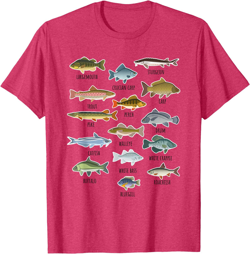 NABZR Angeln Geschenke & T-Shirts Types of Freshwater Fish Fishing T-Shirt - Red Heather