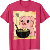 Funny Pig Anime Eating Ramen Pig Ramen Japanese Kawaii Anime Pig T-Shirt - Red Heather