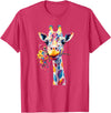 Colorful Floral Giraffe Rainbow Style Rainbow Giraffe with Flowers T-Shirt - Red Heather