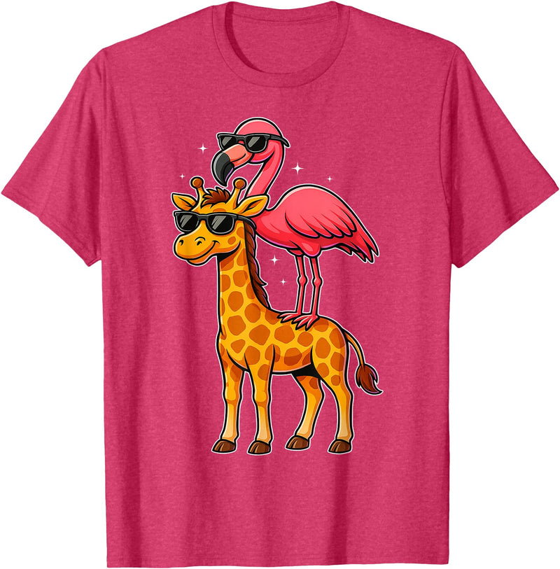 Funny Flamingo Riding Giraffe Cute Animals Funny Flamingo and Giraffe Cool Animals Friends T-Shirt - Red Heather