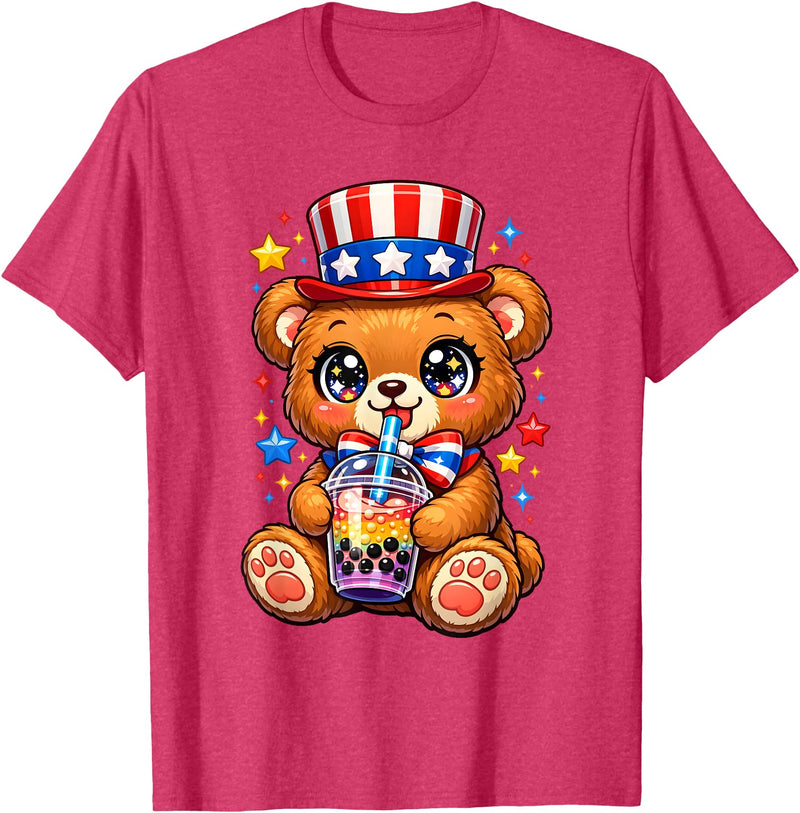 Kawaii Red White and Blue Fourth July Little Kids Cute Teddy Bear Patriotic 4th July Gift Bubble Boba Tea USA T-Shirt - Red Heather