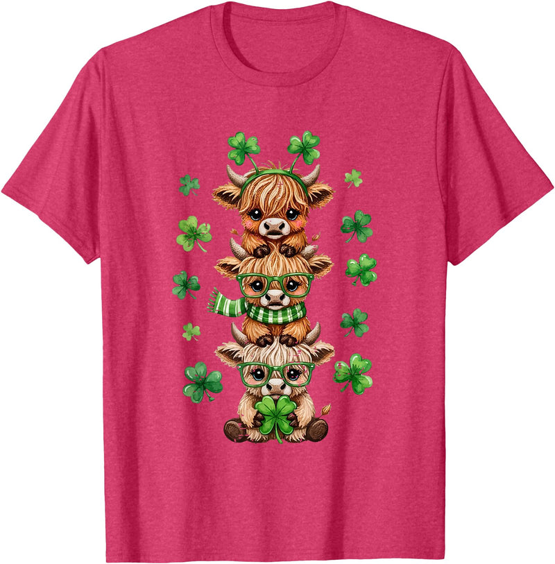 St Patricks Day Highland Cow Lucky Irish Shamrock Funny St Patrick's Day Highland Cow Lucky Shamrock Irish T-Shirt - Red