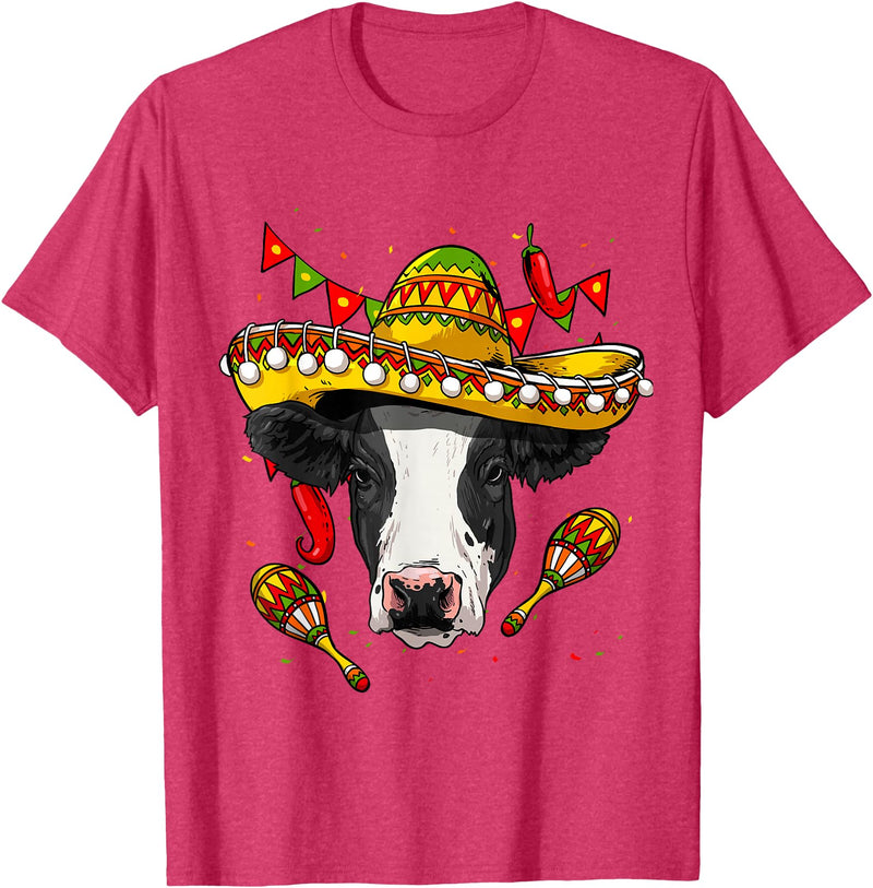 Wowsome! Cinco de Mayo Cow Mexican Lover Sombrero Cow T-Shirt - Red Heather