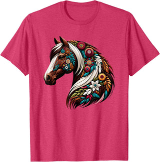 Horse Riding Lovers Gifts For Cowgirls & Girls Equestrian Horse Riding, Western Horseback, Horse Flower T-Shirt - Red Heather