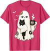 Halloween Cute Ghost Holding Black Cat Spooky Ghost Holding Black Cat Coffee Lover Funny Halloween T-Shirt - Red Heather