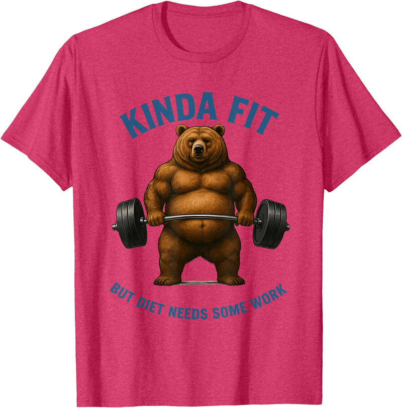 Funny Sarcastic Novelty Tee for Men Women Kinda Fit But Diet Needs Some Work Bear Weightlifting Gym T-Shirt - Red Heather