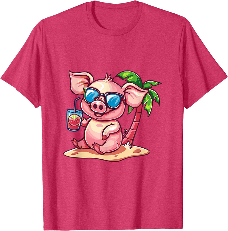 Animal Party Summer Vacay Mood Party Pig Palm Trees Summer Vacation T-Shirt - Red Heather