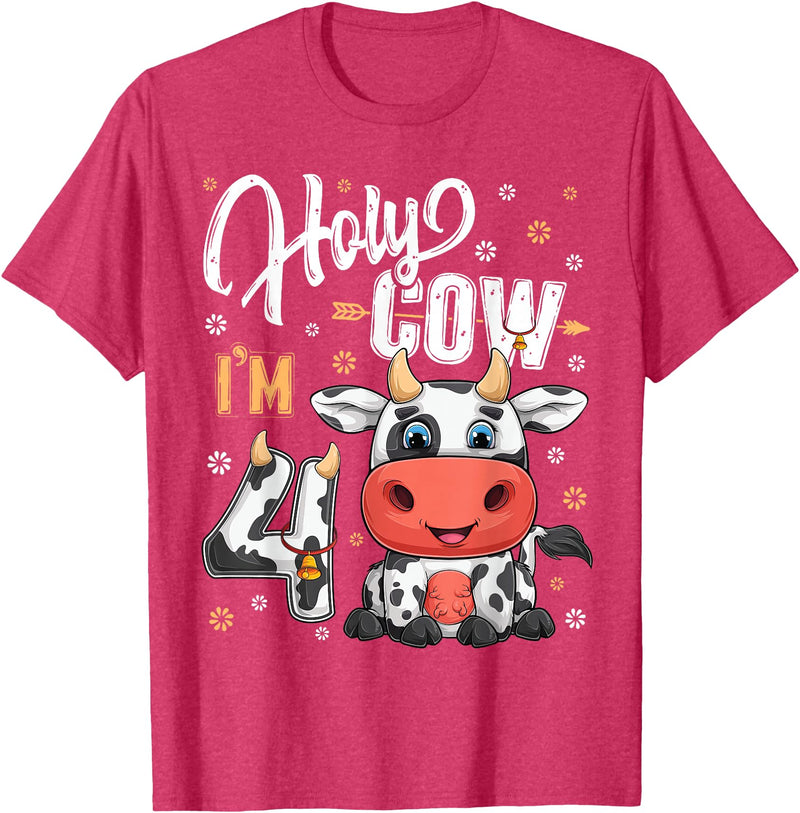 Holy Cow Birthday Boy Girl Shirts Farm Animal Gift Holy Cow I'm Four 4 Year Old Cows Farm Theme 4th Birthday T-Shirt - Red