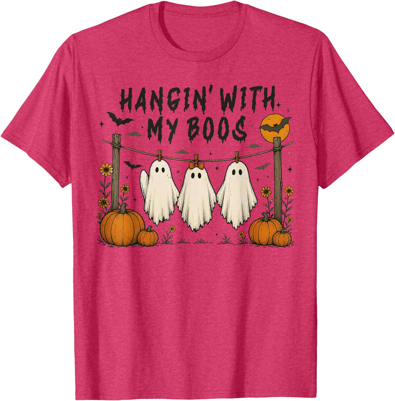 Retro Hangin’ With My Boos Funny Ghost Halloween T-Shirt - Red Heather