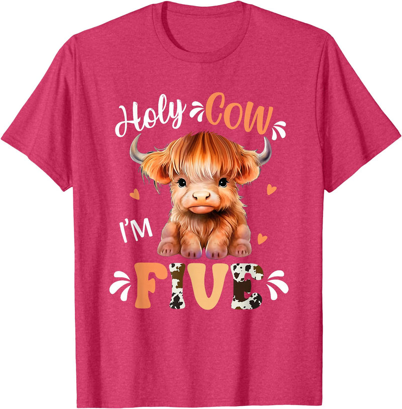 Highland Cow Print 5 Year Old Birthday Gift Holy Cow Im Five Scottish Highland Cow Print 5th Birthday T-Shirt - Red Heather