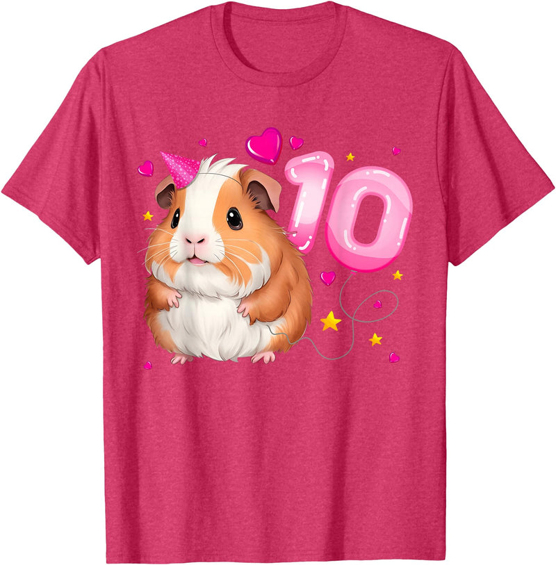 Birthday Girl by Content Design Studio 10th Birthday Girl 10 Years, Guinea Pig and Big Number 10 T-Shirt - Red Heather