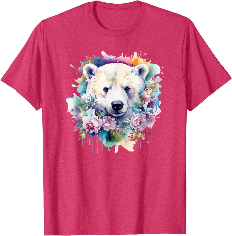 Colorful Polar Bear Kids Arctic Wildlife Painting Polar Bear Floral Watercolor Animal Cute Polar Bear Face T-Shirt - Red Heather