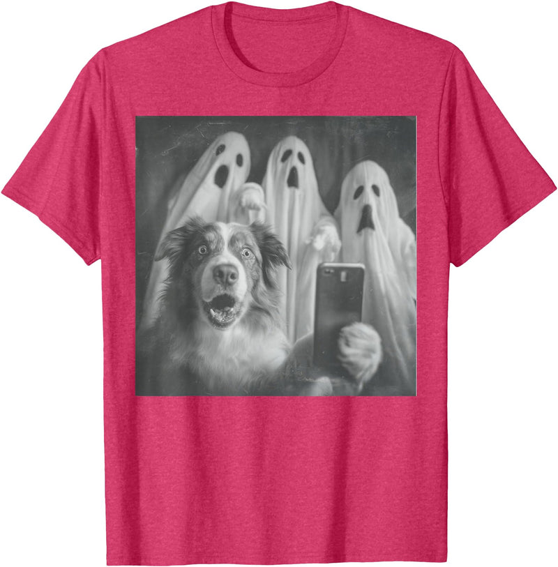 Spooky Aussie Moments Australian Shepherd Selfie Funny Ghost Halloween T-Shirt - Red Heather