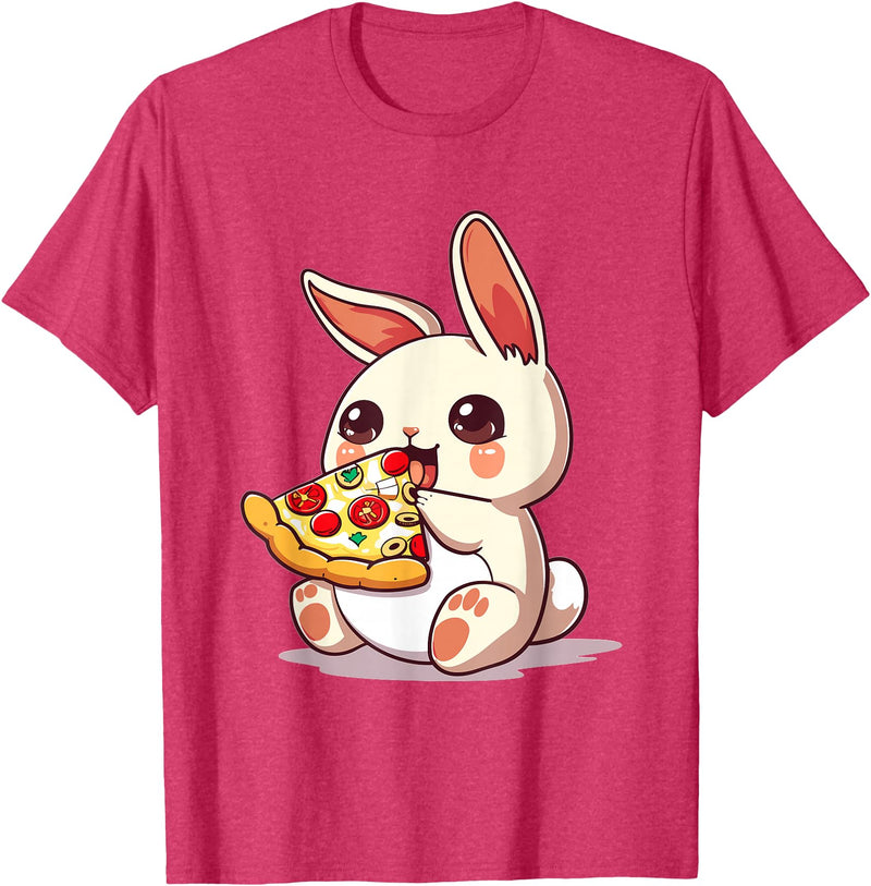 Funny Bunny Rabbit Eating Pizza Graphic T-Shirt in Red Heather