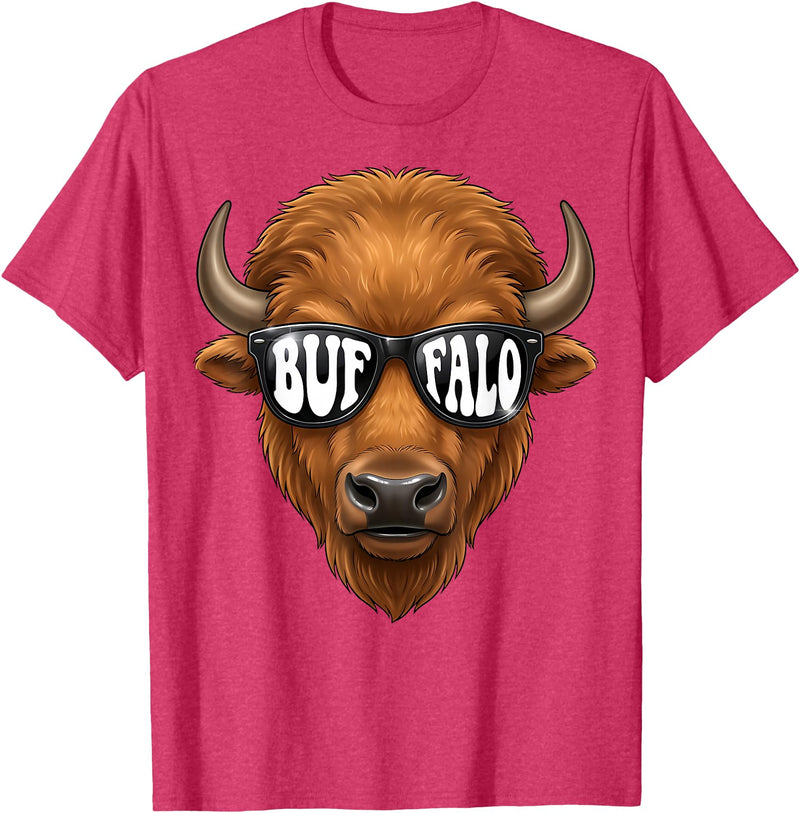 generic Buffalo with Sunglasses Wildlife Graphic for Men Women Kids T-Shirt - Red Heather