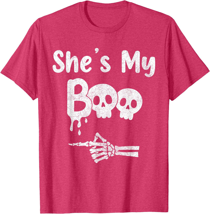 Couples Halloween Matching Gifts Matching Halloween Pajama Couples, She’s My Boo Skull Face T-Shirt - Red Heather