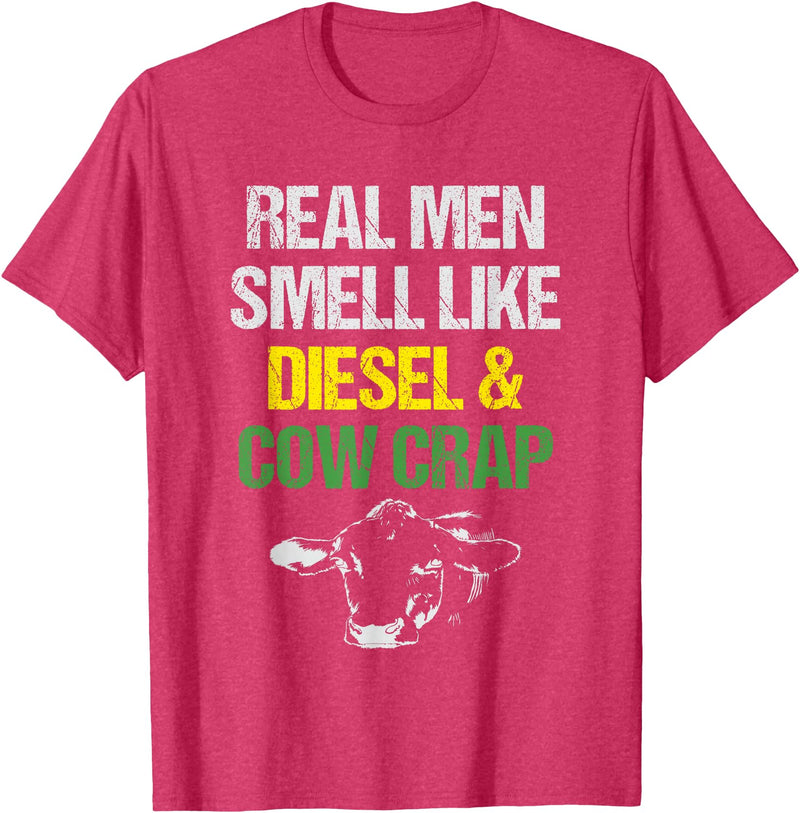 Dairy Cow Farmer Tees & Gifts Co. Real Men Smell Like Diesel and Cow Crap Funny Dairy Farmer T-Shirt - Red Heather