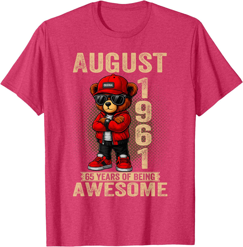 Born in 1961 August 65th Birthday Gifts For Women August 65th Birthday Men Women 1961 Awesome Teddy Bear T-Shirt - Red Heather