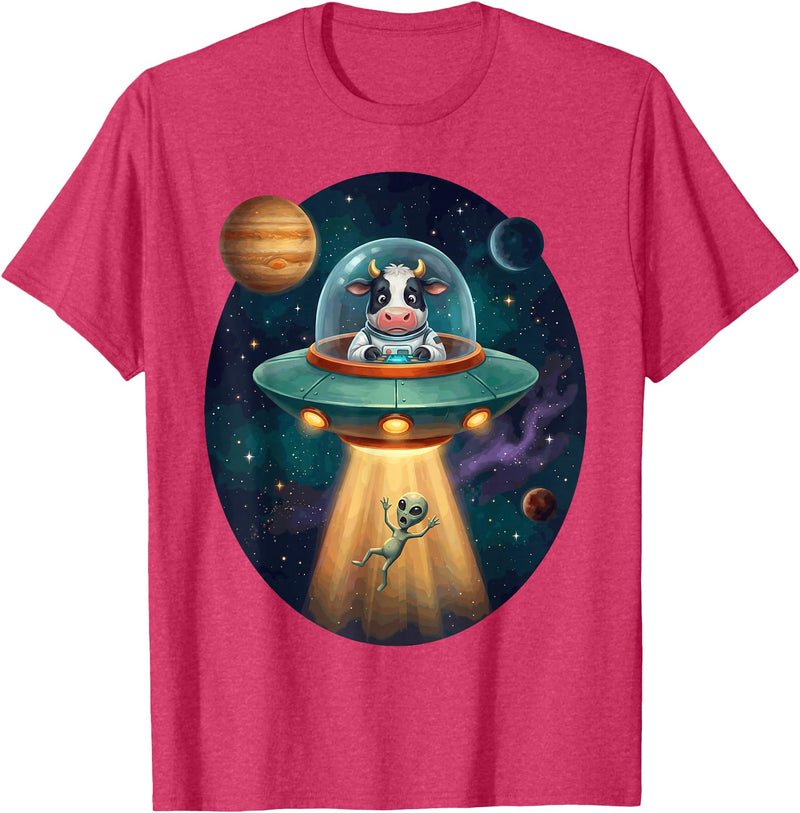 Cow Astronaut Alien Abduction Space Apparel FUUNY Cow Astronaut UFO Abducting Alien Space Farm T-Shirt - Red Heather