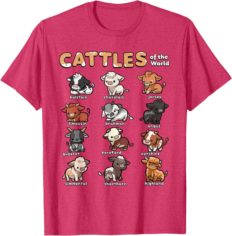 Wowsome! Cattles Animals of the World Cattle Farmer Rancher Cow Lover T-Shirt - Red Heather