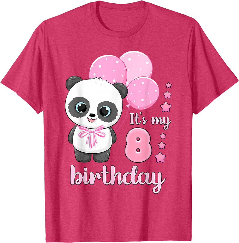 Birthday Gifts for Girls by Content Design Studio Birthday Girl 8 Panda Pink Balloons T-Shirt - Red Heather