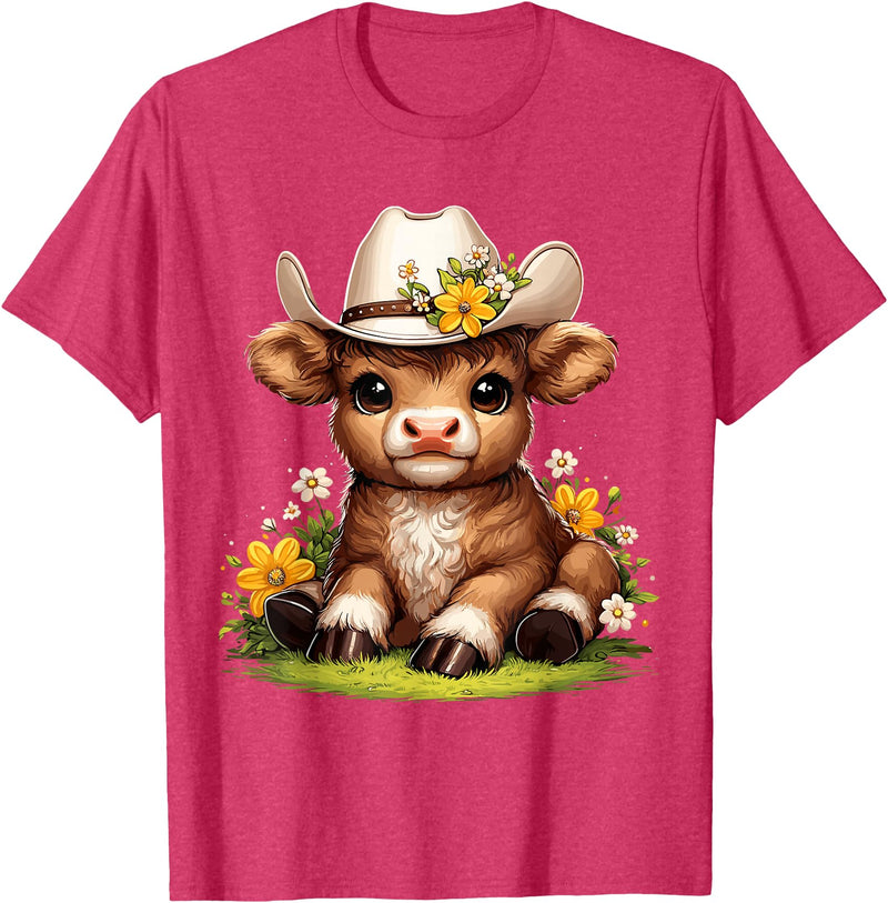 Cute Scottish Highland Cow Lovers Scottish Highland Cow Flowers Cattle Hairy Cow T-Shirt - Red Heather