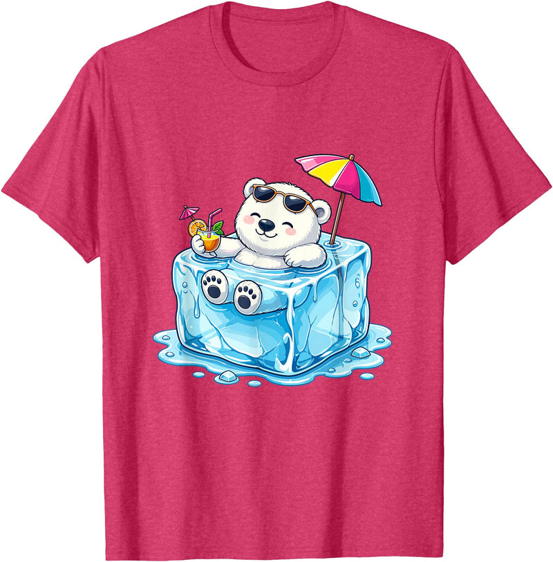 Cool Polar Bear Summer Ice Cube Relax Chill Polar Bear On Ice Cube Summer Vacation T-Shirt - Red Heather