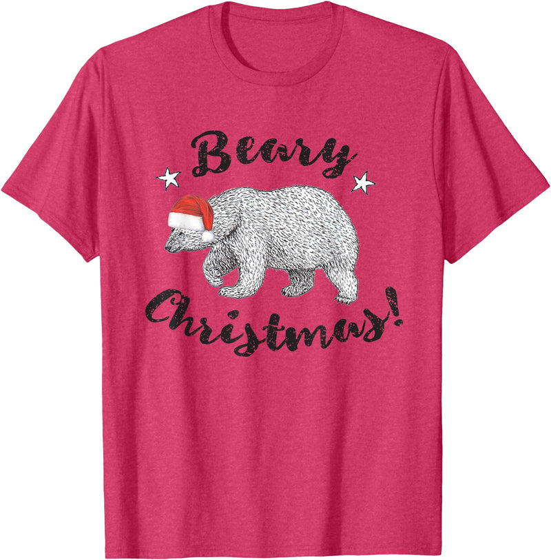ChescaMade Christmas Apparel Beary Christmas Cute Polar Bear In Santa Hat T-Shirt - Red Heather