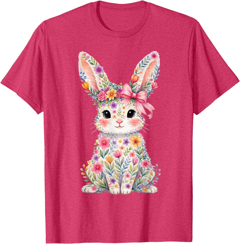 Cute Pink Flower Bunny Rabbit Happy Easter Women Girls T-Shirt in Red Heather