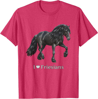 Horse Lover Art by CSForest I Love Friesians Black Friesian Draft Horse Lovers Gift T-Shirt - Red Heather
