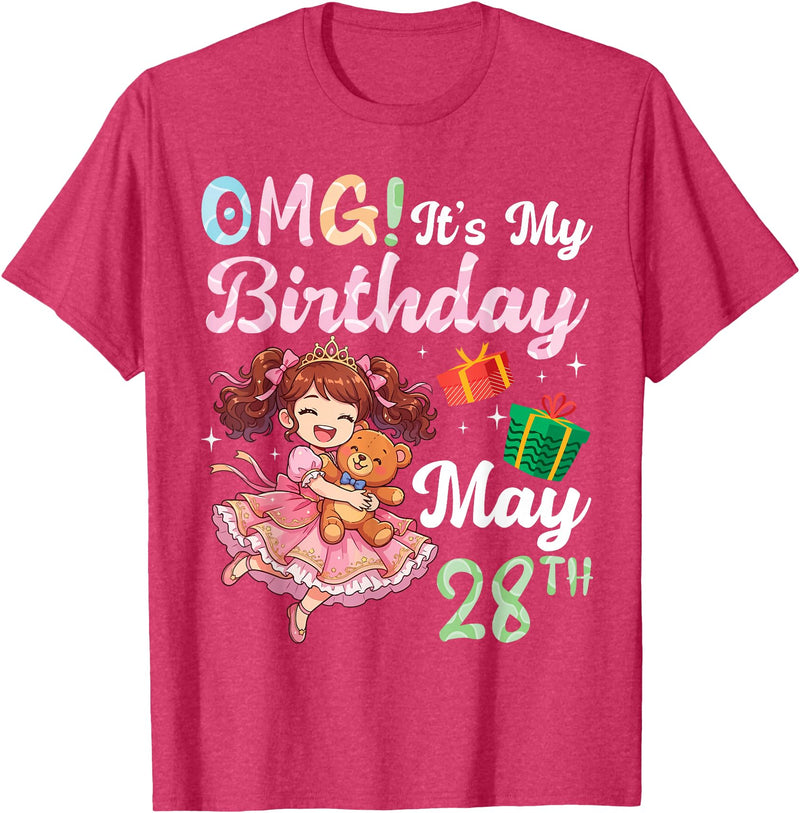 H1Shop Happy Birthday Born On May 28 OMG It's My Birthday Born On May 28th Girl with Present Bear T-Shirt - Red Heather