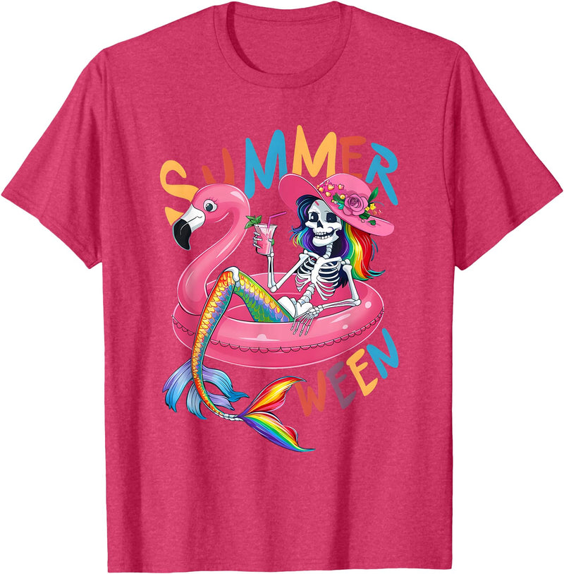 Summer Halloween Summerween Summerween Mermaid Skeleton Flamingo Summer Halloween Women T-Shirt - Red Heather