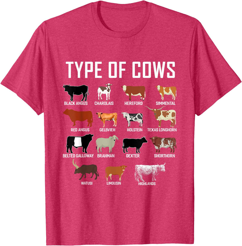 COW Designs By ShirtZilla Types of Cows Shirt Farmer Tee Shirt Costume Cow T-Shirt - Red Heather
