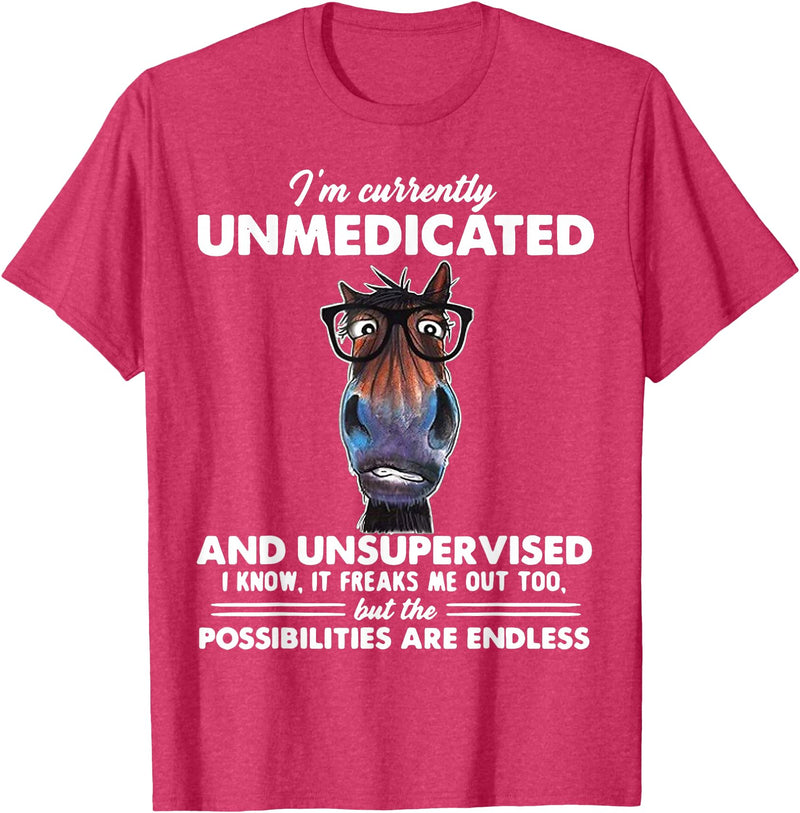 Funny Horse I'm Currently Unmedicated Tee Shirt Horse I am currently not medical and unattended T-Shirt - Red Heather