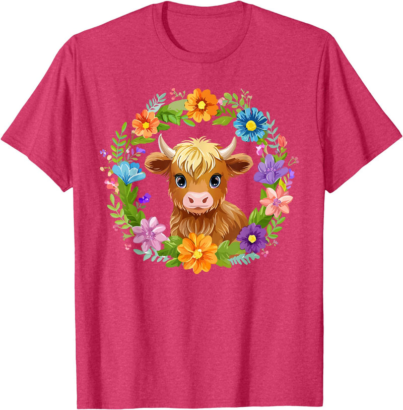 Highland Cow Lover Gifts Apparel and More Highland Cow Flowers Wreath Floral Farm Scottish Country T-Shirt - Red Heather