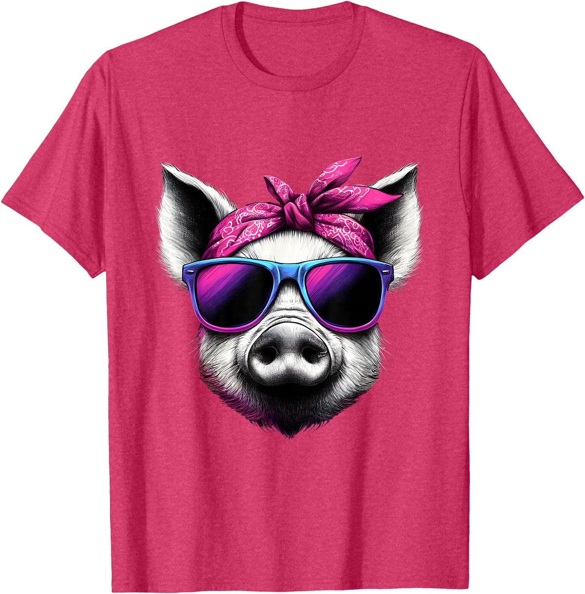 Fashionable Animals Wearing Pink Bandanas Pig Wearing Pink Bandana Headband and Sunglasses T-Shirt - Red Heather