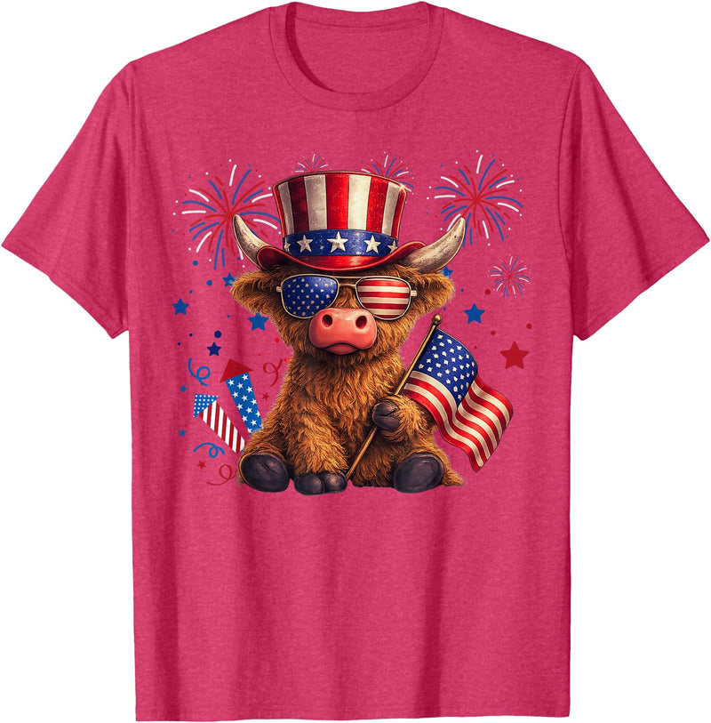 Funny Highland Cow Graphic Tee Men Women Highland Cow 4th of July Vintage American Flag T-Shirt - Red Heather