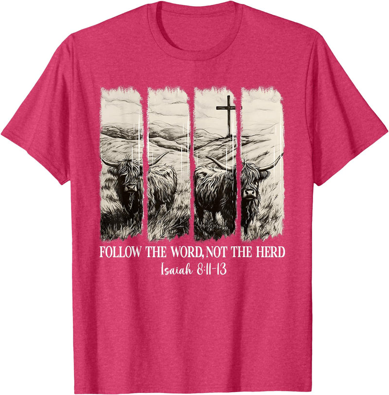 Highland Cute Cow Christian Bible Verse Follow The Word Not The Herd Christian Western Highland Cow T-Shirt - Red Heather