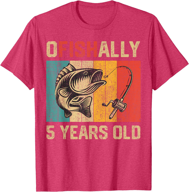 Vintage Fishing Fisherman Birthday Gifts Ofishally 5 Years Old Funny Fishing Birthday Fisherman T-Shirt - Red Heather