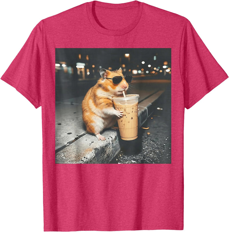 Hamster Drinking Iced Coffee Funny Animal Meme Men Women T-Shirt - Red Heather