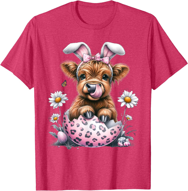 Funny Cow Easter Rabbit Cute Highland Cows Lover Easter Day T-Shirt - Red Heather
