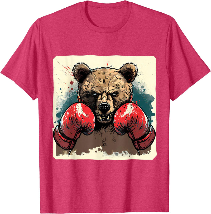 Funny Boxing Animals Boxer Bear With Boxing Gloves Kickboxing Funny Boxing T-Shirt - Red Heather